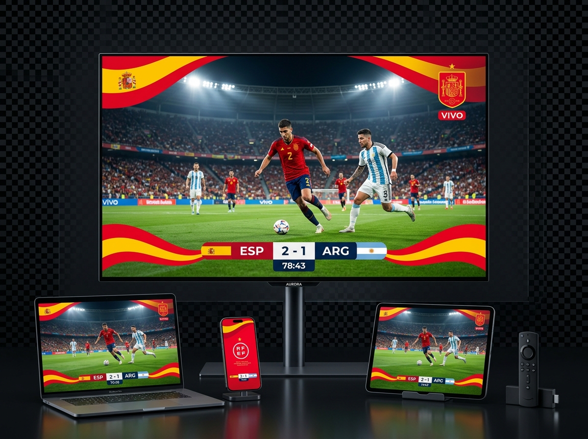 Televisión 4K y dispositivos móviles mostrando IPTV España con bandera nacional