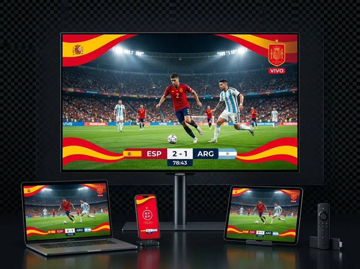 Televisión 4K y dispositivos móviles mostrando IPTV España con bandera nacional