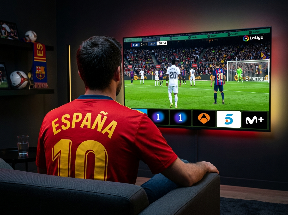 Aficionado con camiseta de España viendo LaLiga y canales de TV en Smart TV 4K